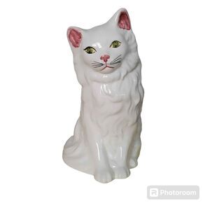 Vintage 7.5" Glazed Porcelain White Persian Cat with Green Eyes Made in Portugal